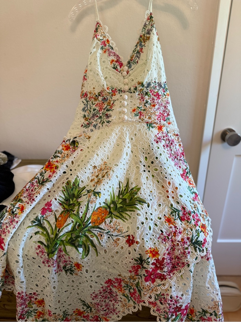 FARM RIO White Eyelet Strapless Sundress with Pineapple & Floral Print
